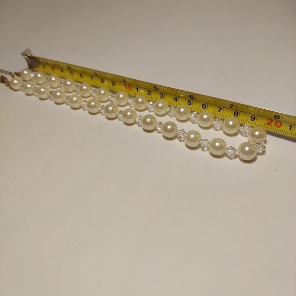 SAQ Clear Crystal Off White FAUX Pearl Beaded Necklace + Bracelet Signed Estate - Picture 9 of 10